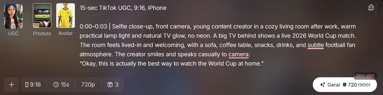 Interface de criação de prompt para anúncio em vídeo UGC com IA