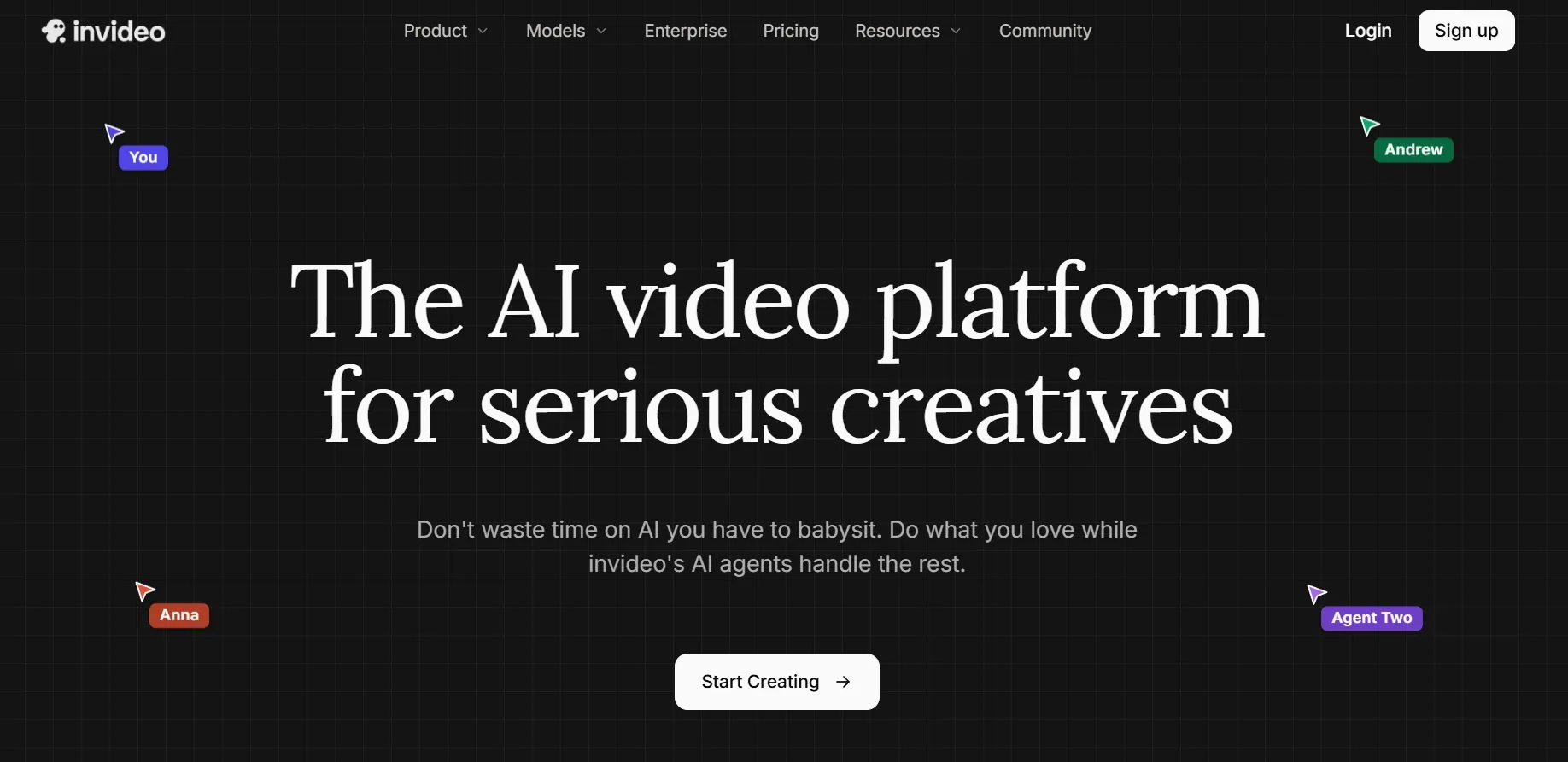 The AI video platform for serious creatives with a call to action to start creating.