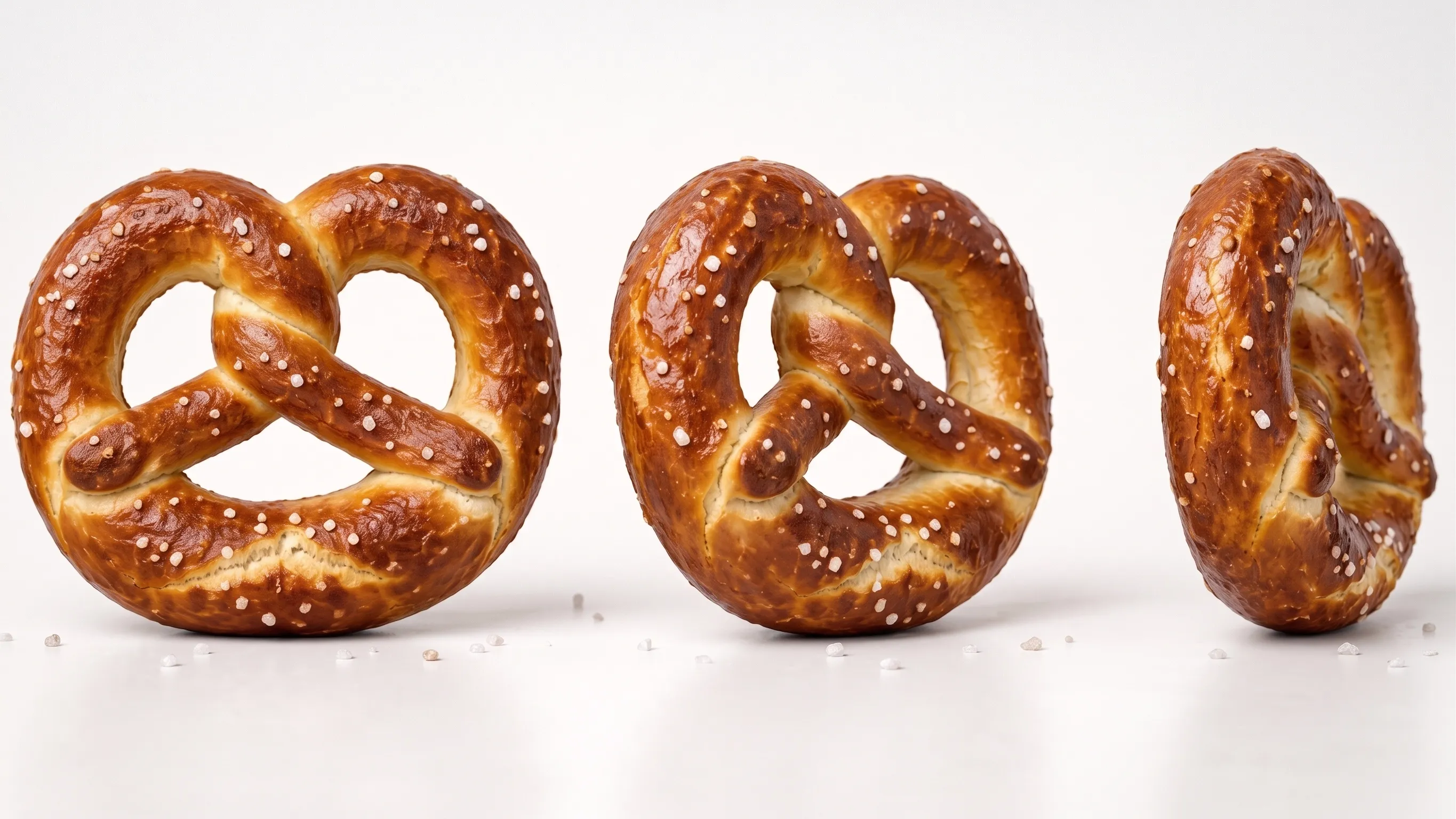 Drei frisch gebackene Brezeln mit grobem Salz auf einem weißen Hintergrund.