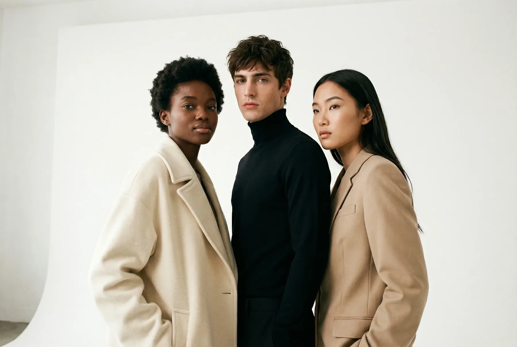 Drei Models posieren gemeinsam in stilvollen Outfits vor einem schlichten Hintergrund.