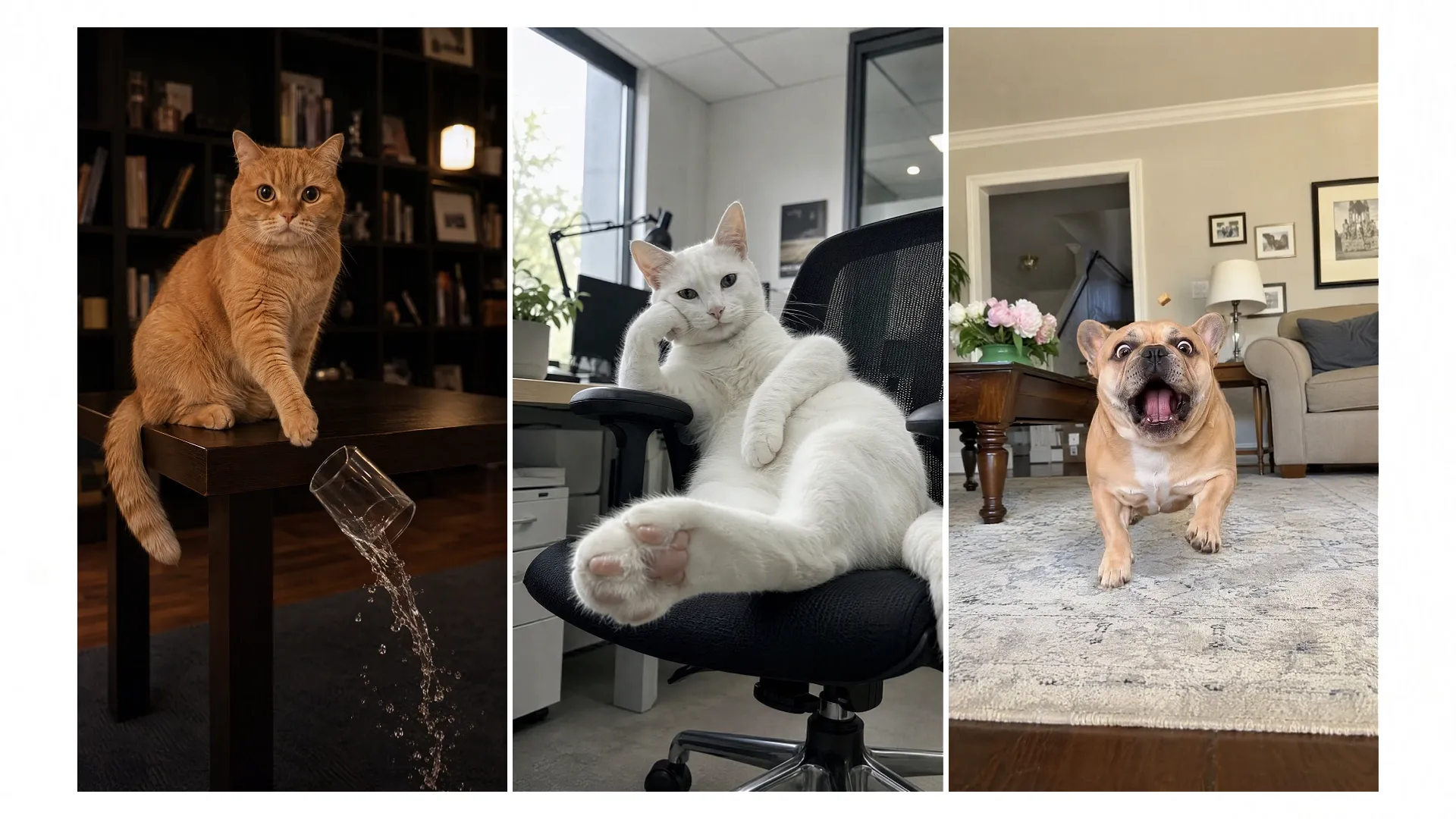An orange cat spills water, a white cat relaxes, and a dog catches a treat.