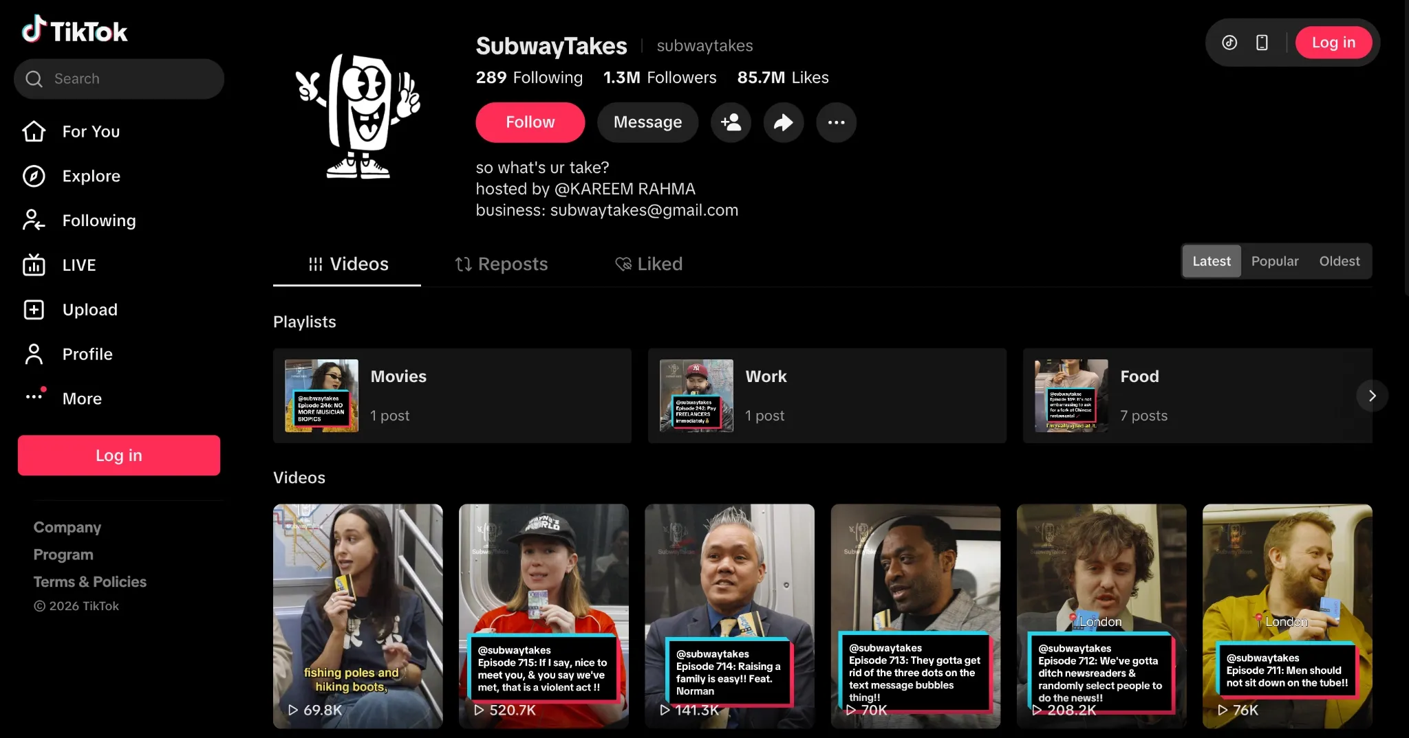 TikTok profile of SubwayTakes with playlists and video thumbnails.