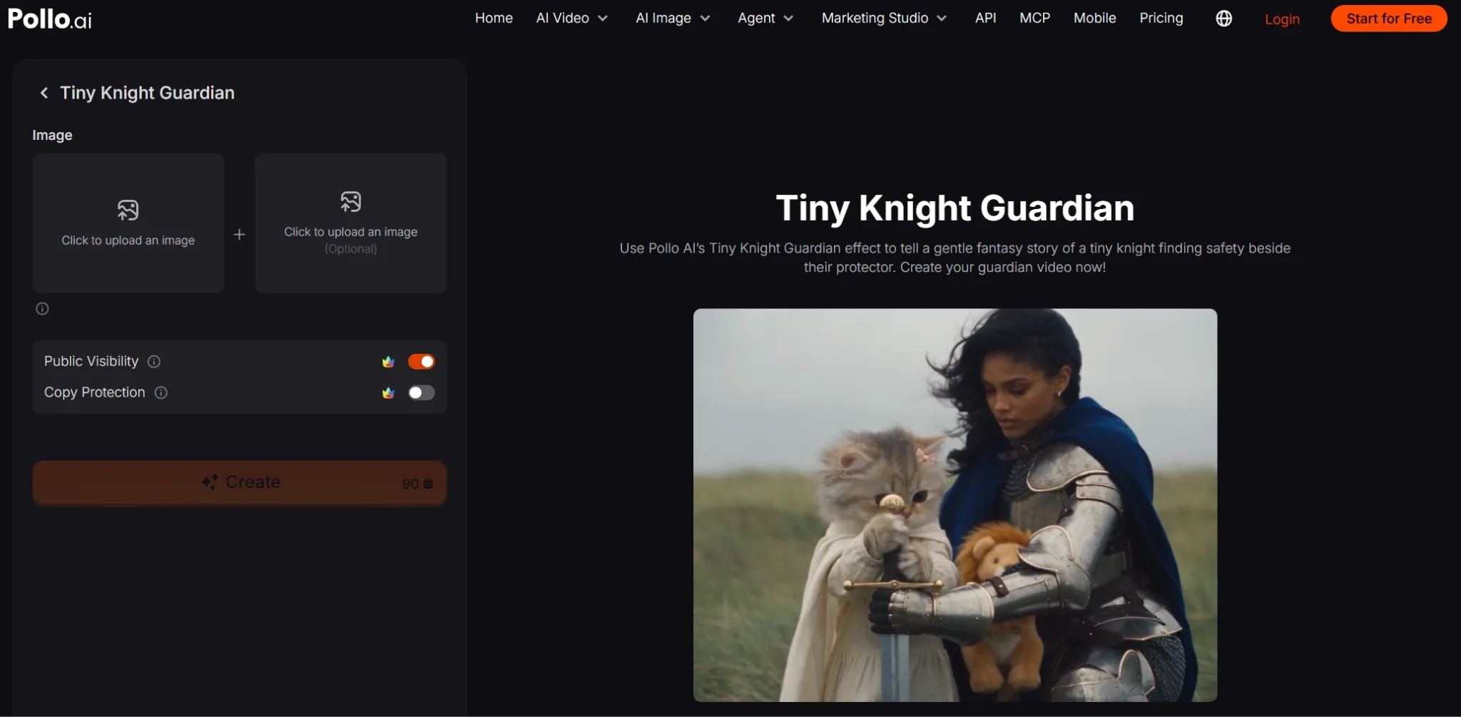 A woman in armor holds a lion cub and a cat with a sword in a fantasy setting.