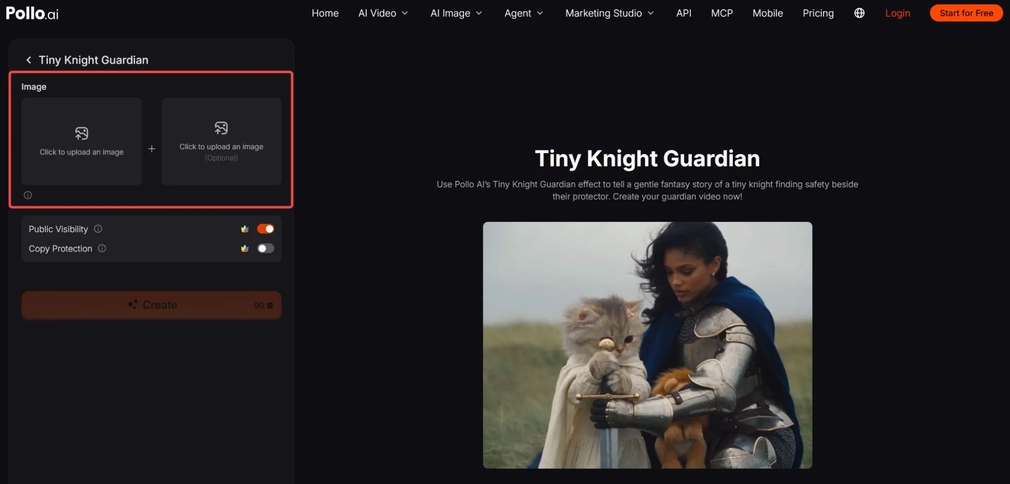 A knight in armor holds a cat and a small dog in a grassy field.