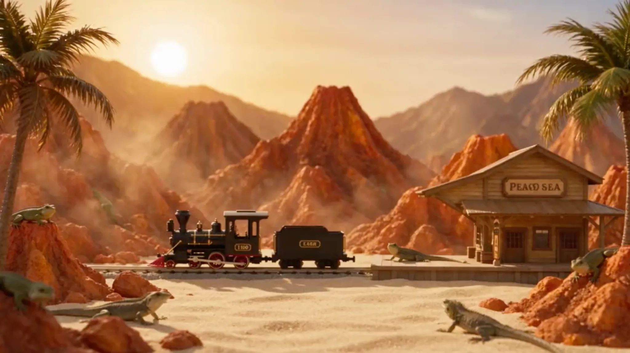A toy train station in a desert with lizards and mountains at sunset.
