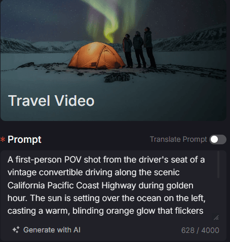 Vista previa de vídeo de viaje que muestra una escena de acampada bajo la aurora boreal con un cuadro de entrada de texto.