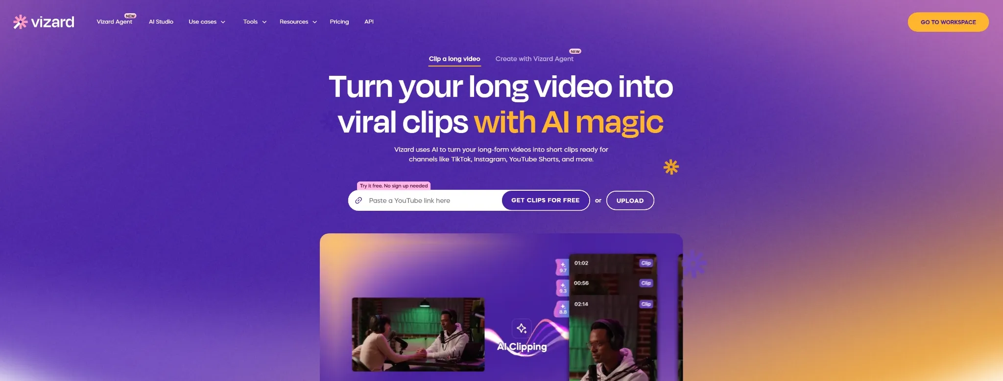 Website promoting AI tool to create viral video clips from long videos.