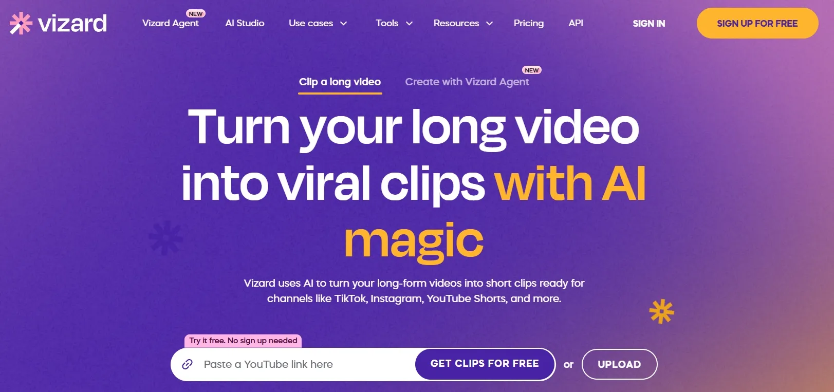 Banner promosi untuk layanan pemotongan video AI dari Vizard.
