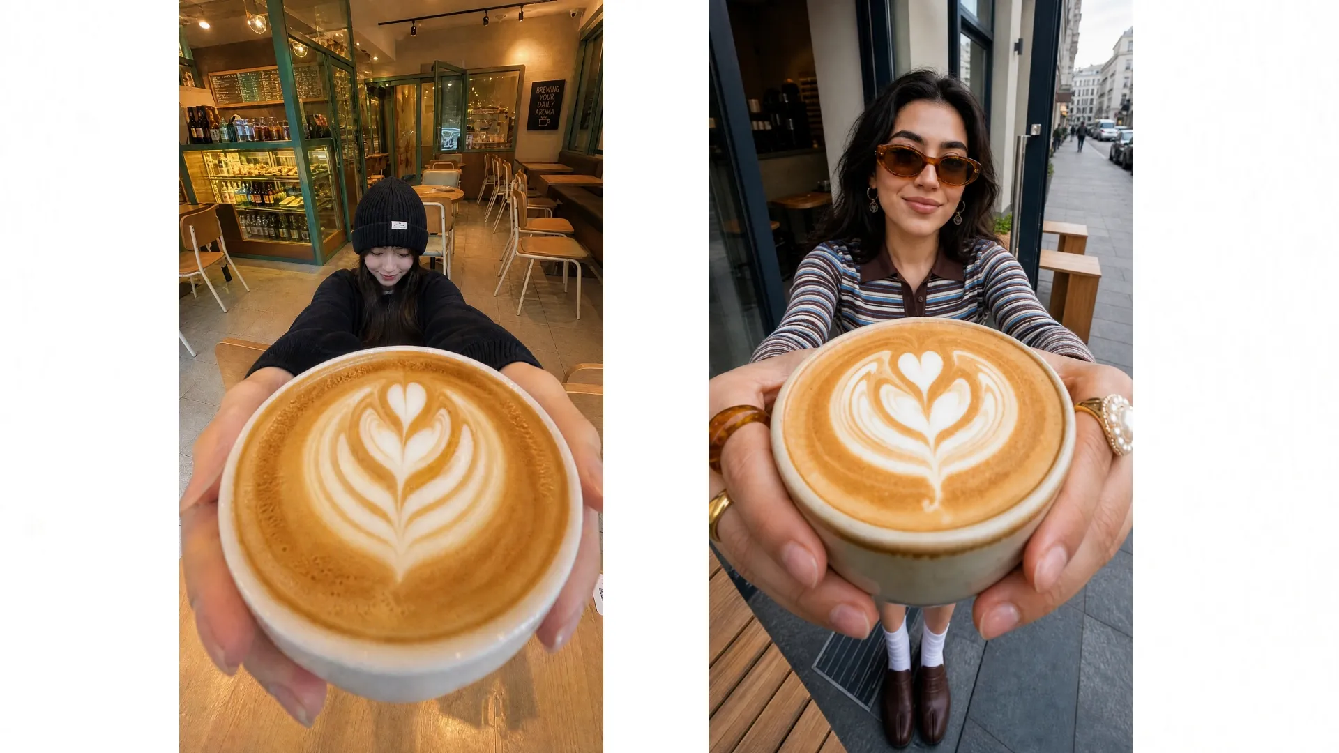 Two women hold latte art coffee cups in a cafe setting.
