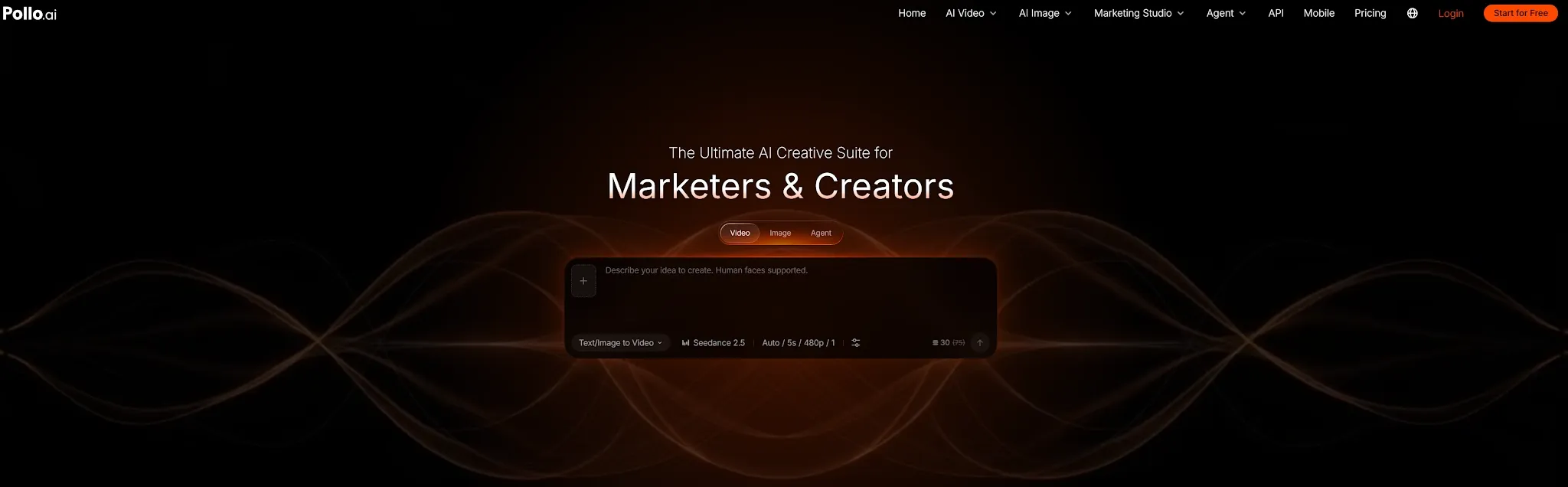 Een strakke website-interface voor een AI-creative suite gericht op marketeers en creators.