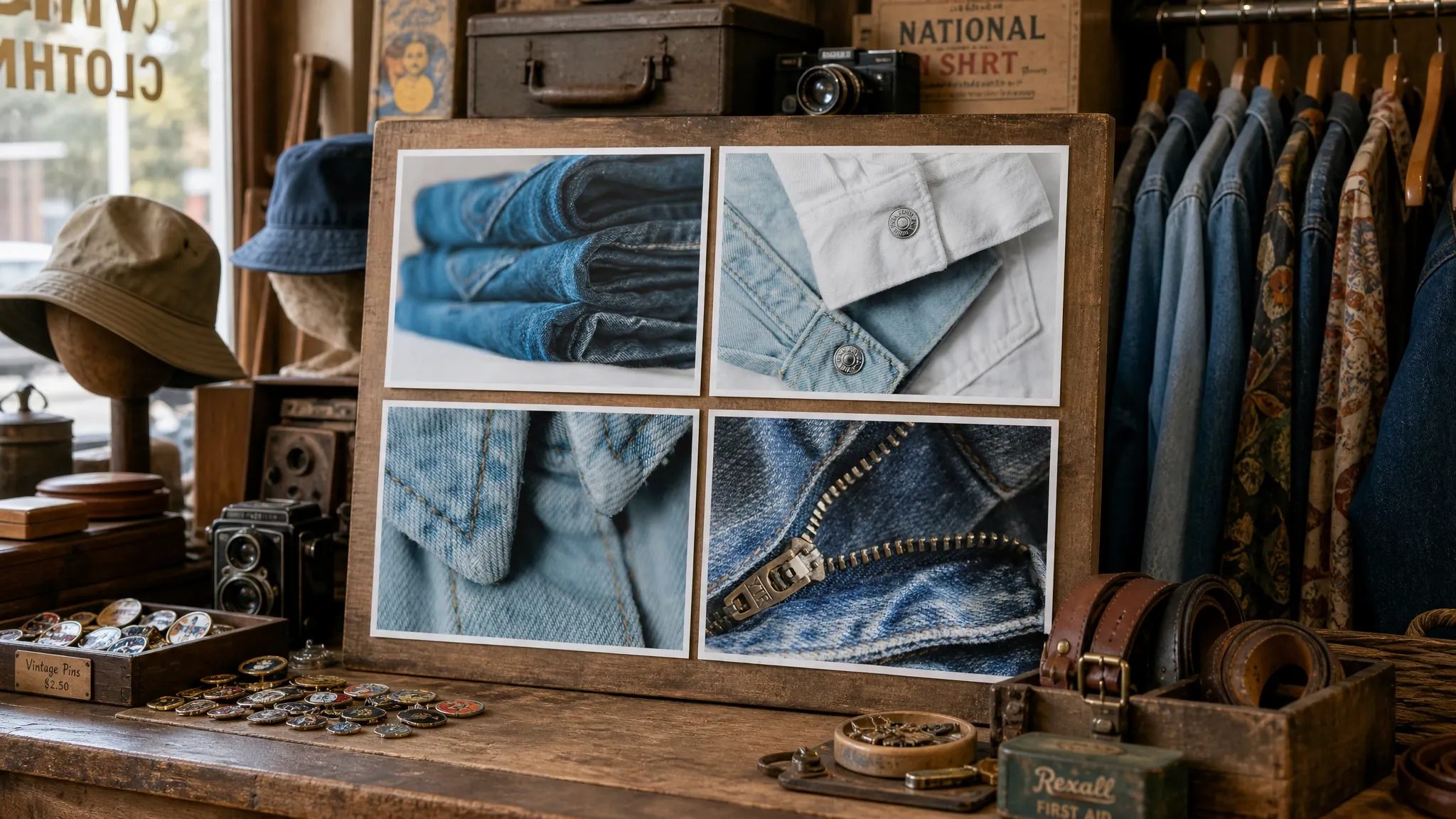 Planche de détails montrant la texture, les boutons, les coutures et la fermeture d’une veste en jean
