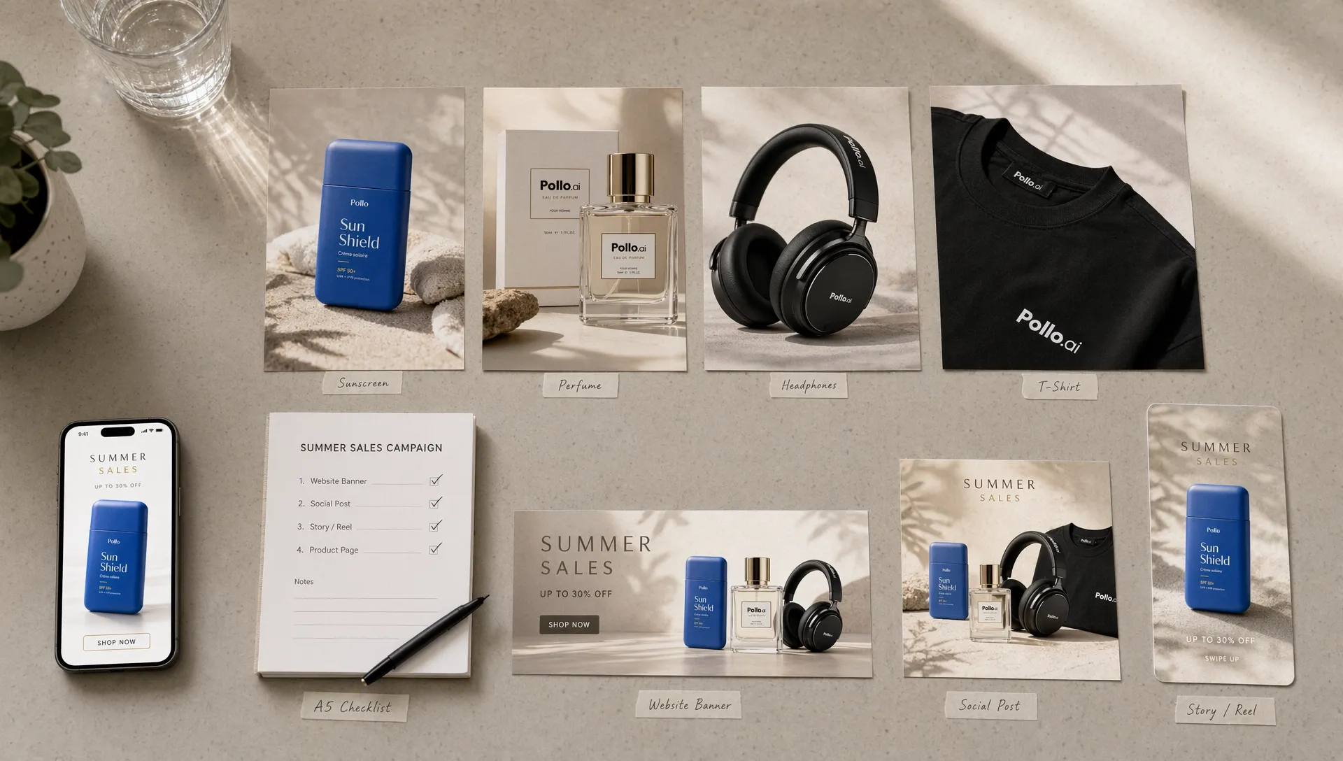 Moodboard de contenus promotionnels pour les soldes avec photos produit, stories et visuels e-commerce