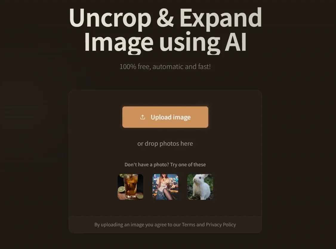 AI image uncrop tool with upload box and sample photos