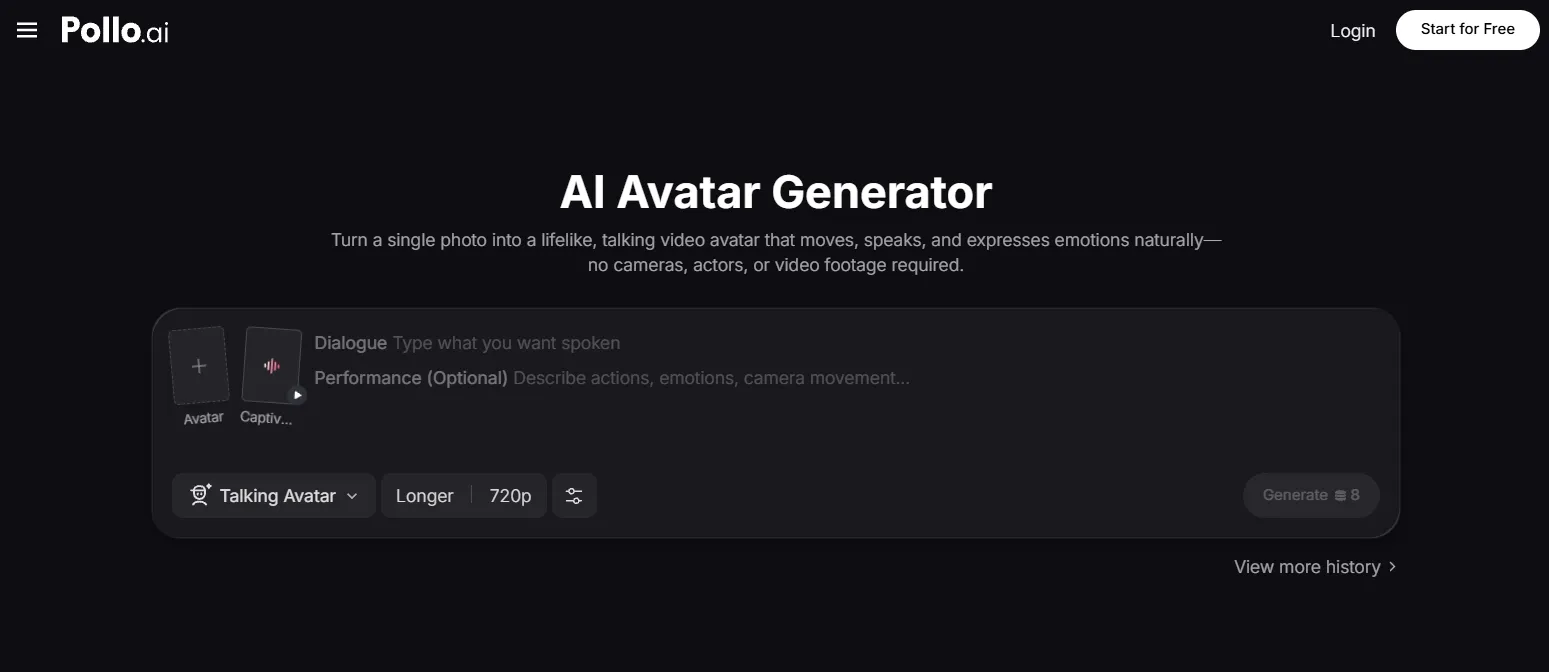 Interfaz de generador de avatares que permite a los usuarios crear vídeos de personas hablando a cámara y subir grabaciones de audio.