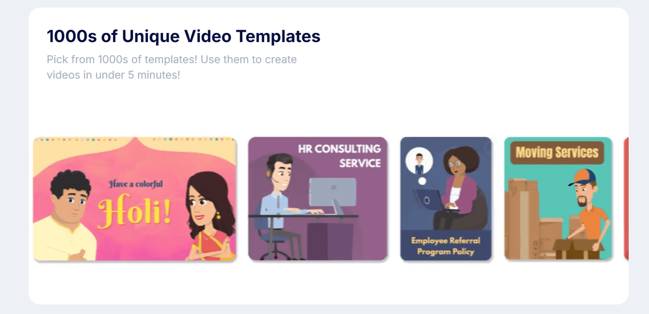 Un banner web que muestra varias miniaturas de plantillas de vídeo de dibujos animados, anunciando miles de plantillas únicas para crear vídeos en menos de 5 minutos.