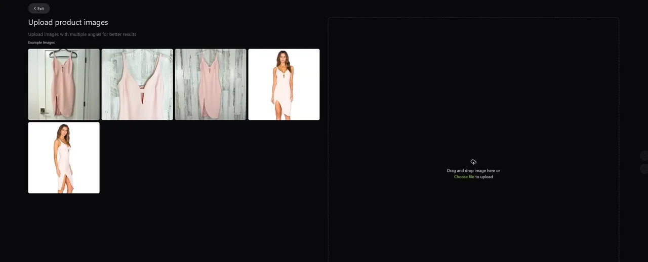 Interface voor het uploaden van productafbeeldingen, met voorbeeldafbeeldingen.