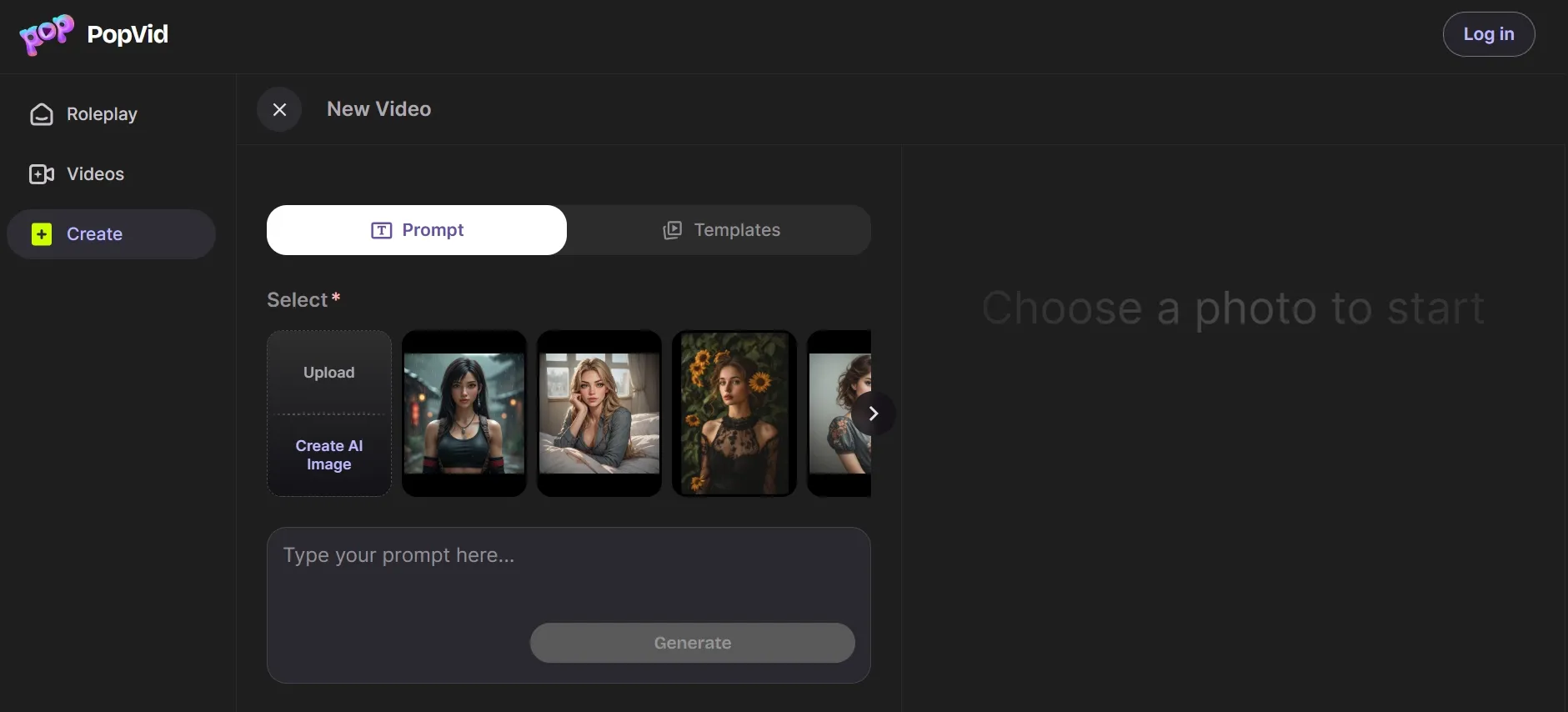 User interface for creating a new video with photo selection options.