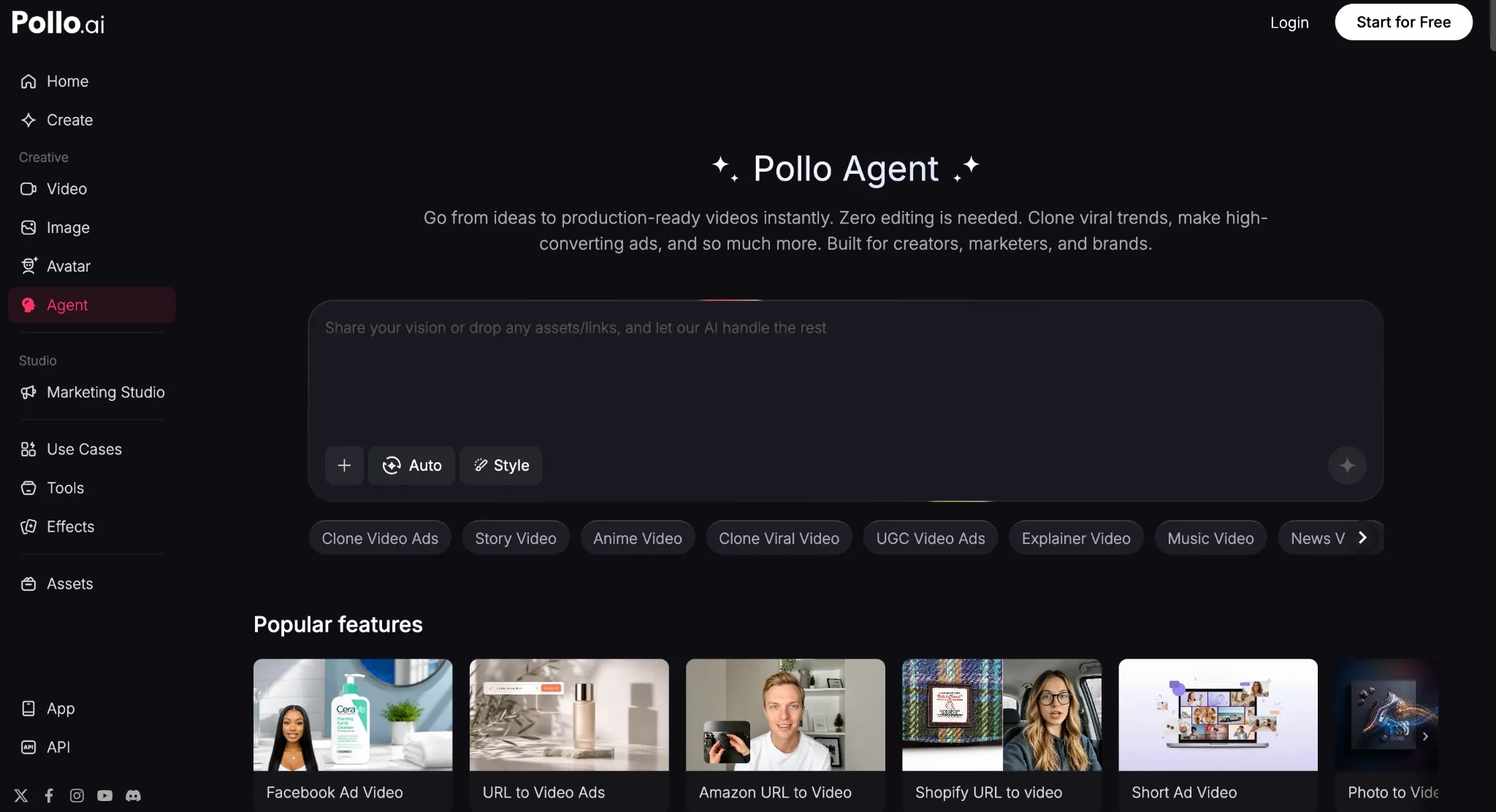 User interface of Pollo Agent for creating videos and marketing content.
