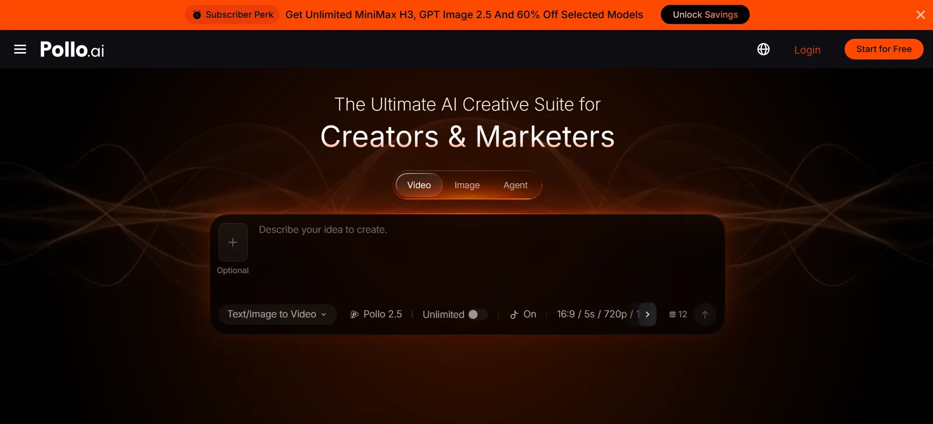 User interface of Pollo.ai for creators and marketers with input fields.