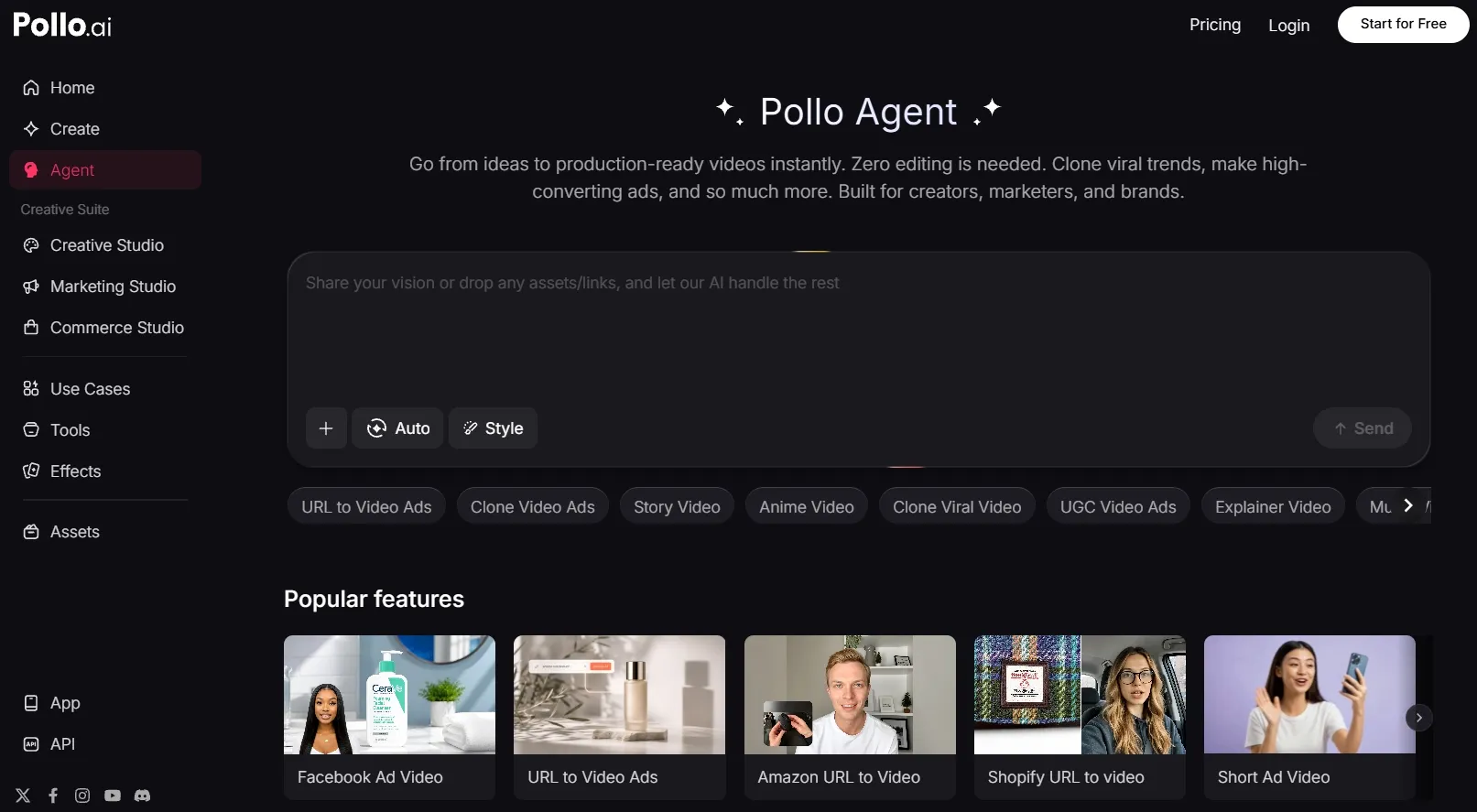 User interface of Pollo.ai's Agent feature for video creation.