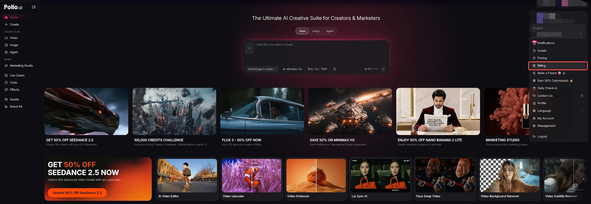 User interface of Pollo.ai showcasing creative tools for video and image editing.
