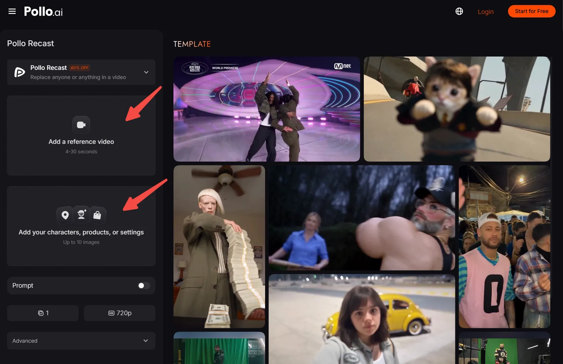 User interface of Pollo.ai showing options to add videos and images.