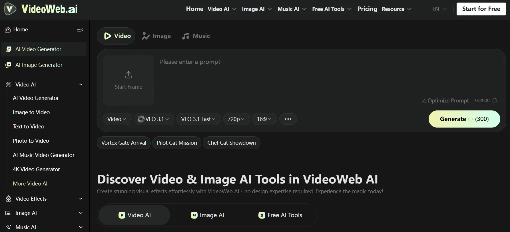 User interface of VideoWeb.ai showcasing video and image AI tools.