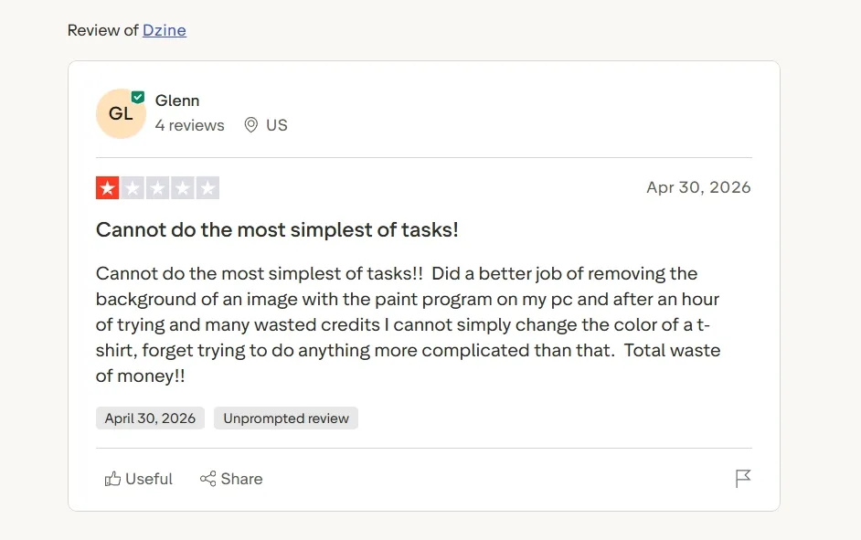 Recensione di un utente che esprime frustrazione riguardo alle funzionalità di modifica delle immagini.