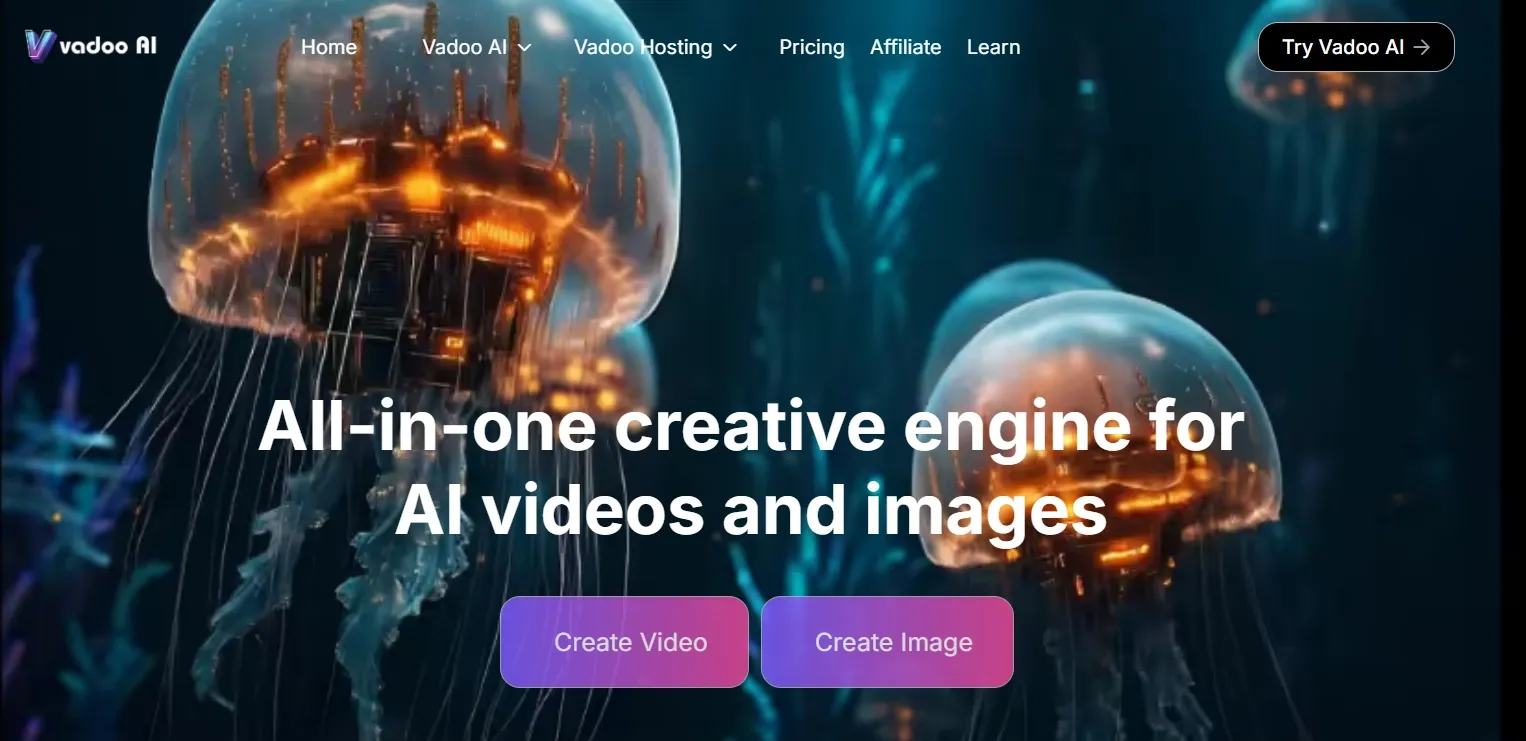 Página de inicio de Vadoo AI con motor creativo para vídeos e imágenes.