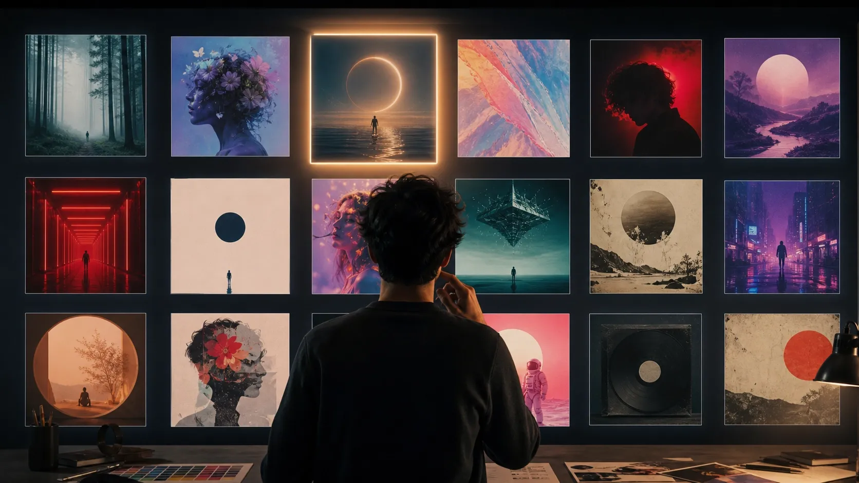 Varias direcciones visuales generadas con IA para comparar estilos de portada musical