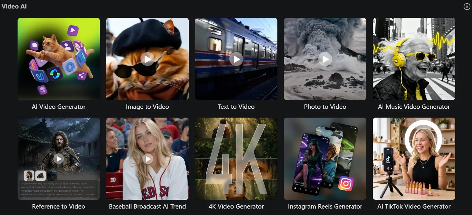 Various AI video generation tools and features displayed in a grid layout.