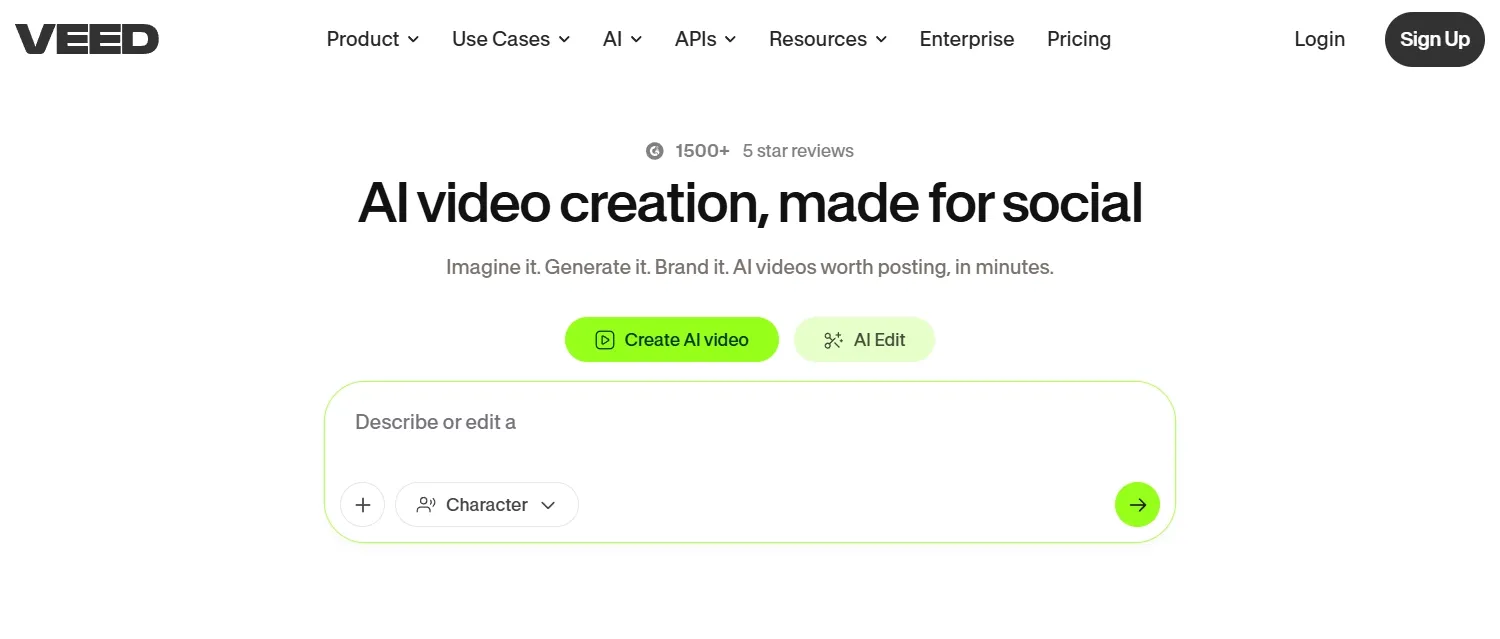 La página principal de VEED se centra en la creación de vídeos con IA para redes sociales.