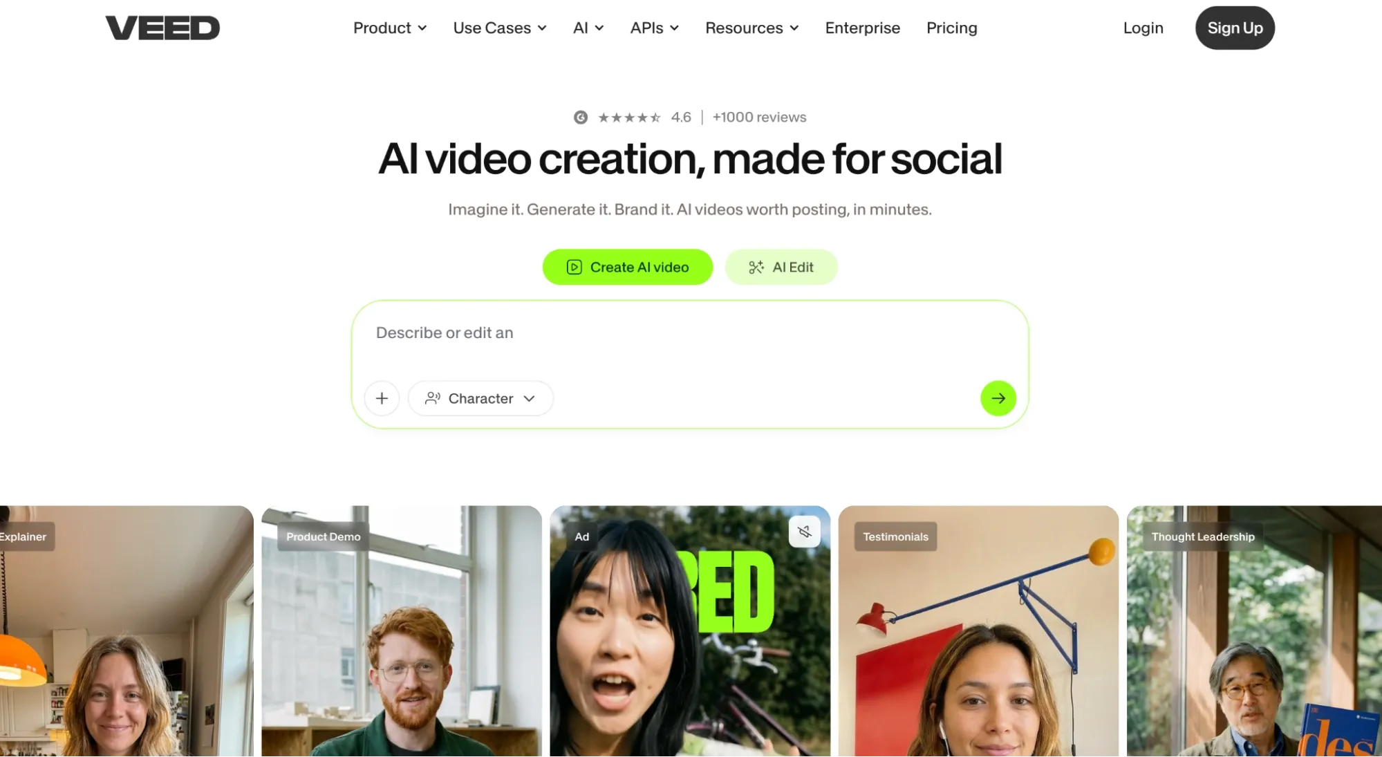 VEED homepage for social AI video creation and editing