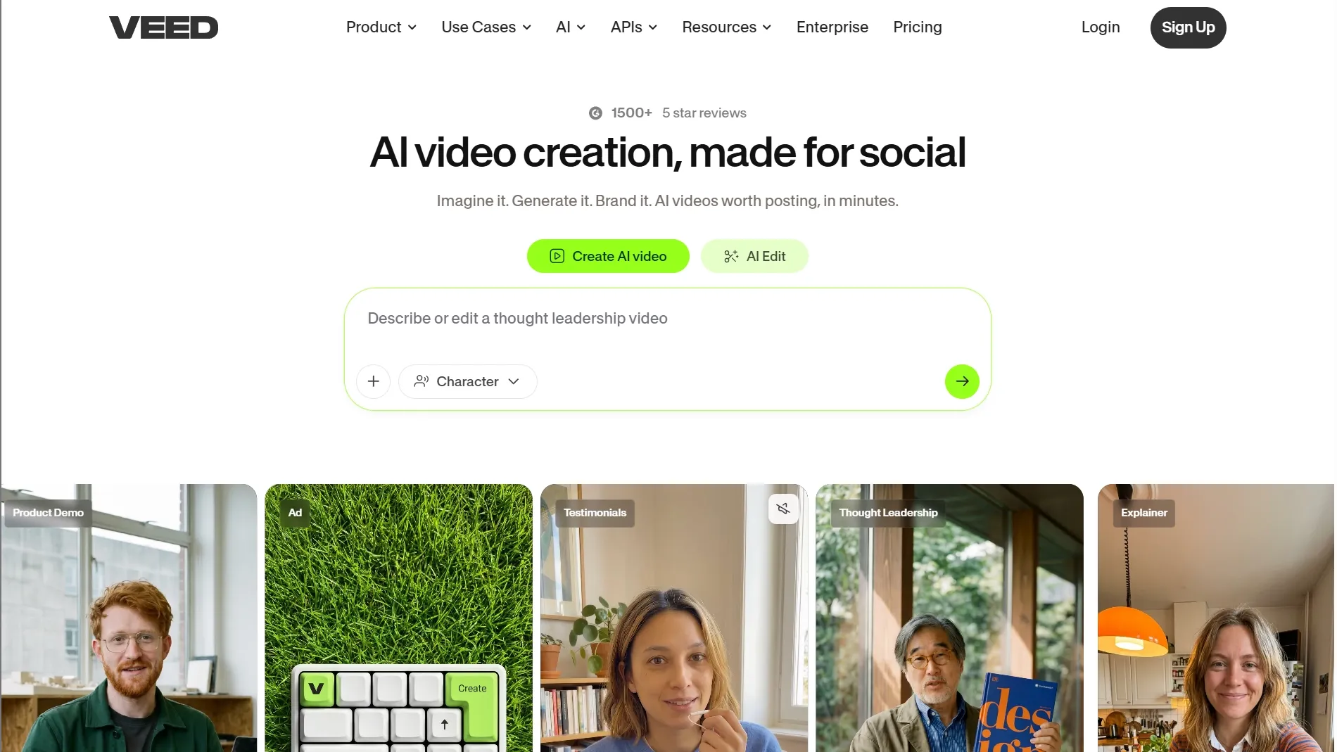 VEED homepage for creating social videos with AI