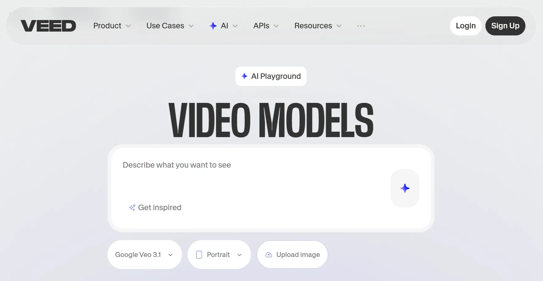 Veed interface showing video models with input fields and options.