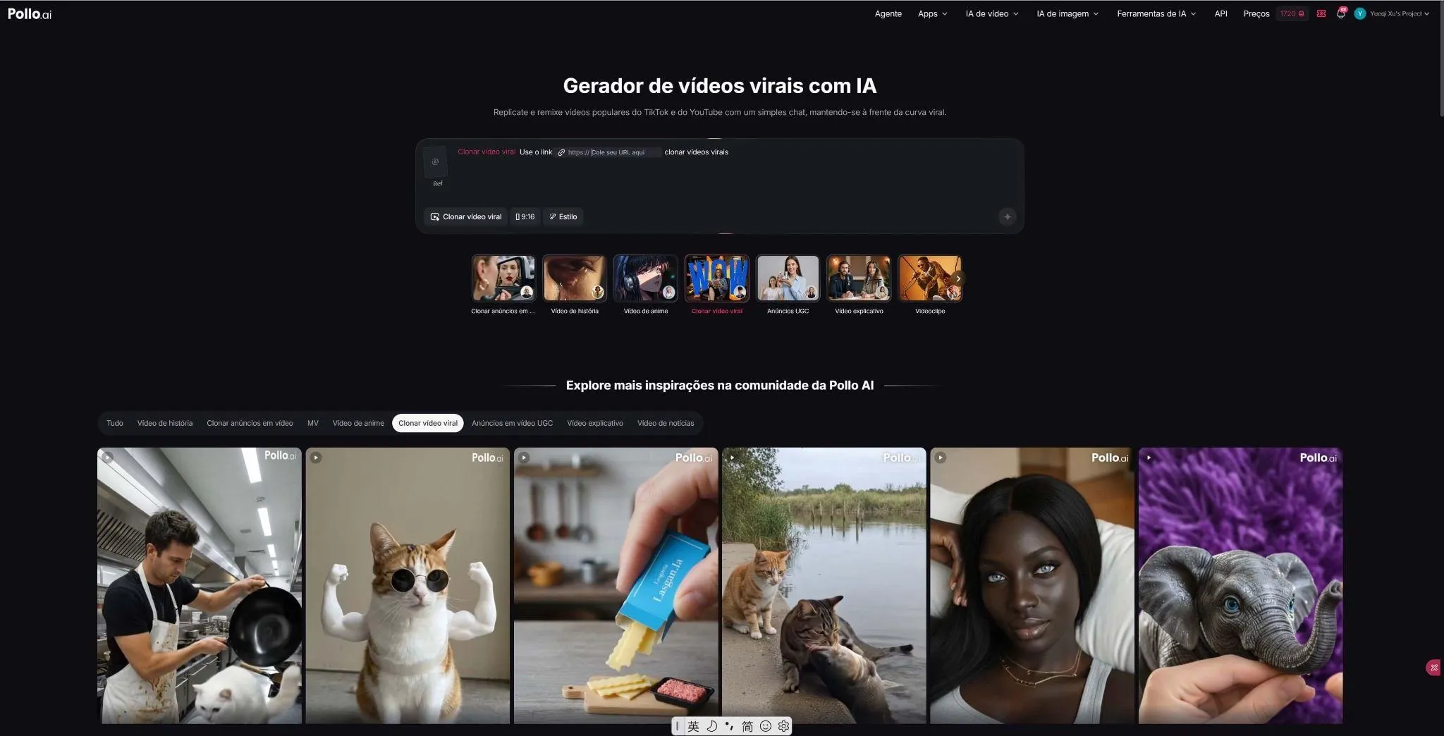 Gerador de vídeos virais com IA no Pollo AI para trends sociais