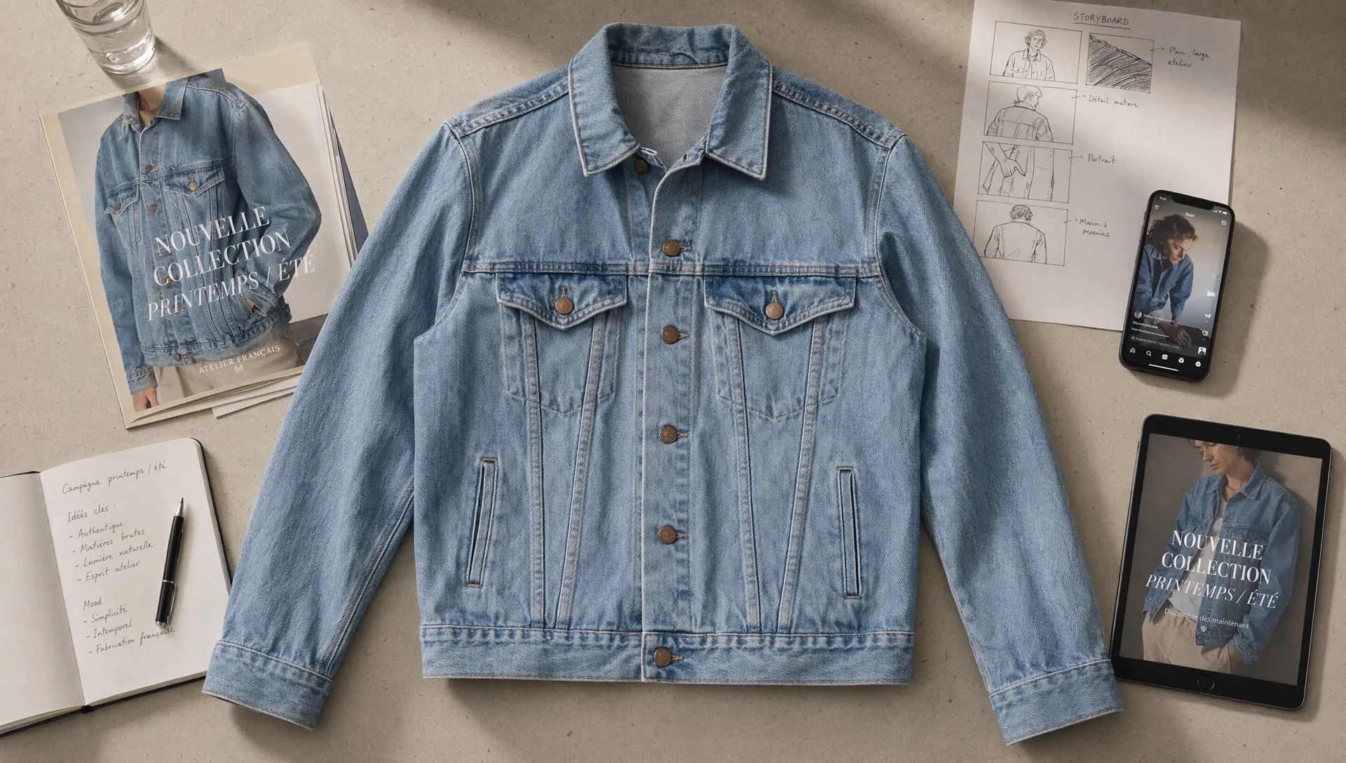 Veste en jean préparée pour une campagne e-commerce avec storyboard, visuels sociaux et aperçu vidéo mobile