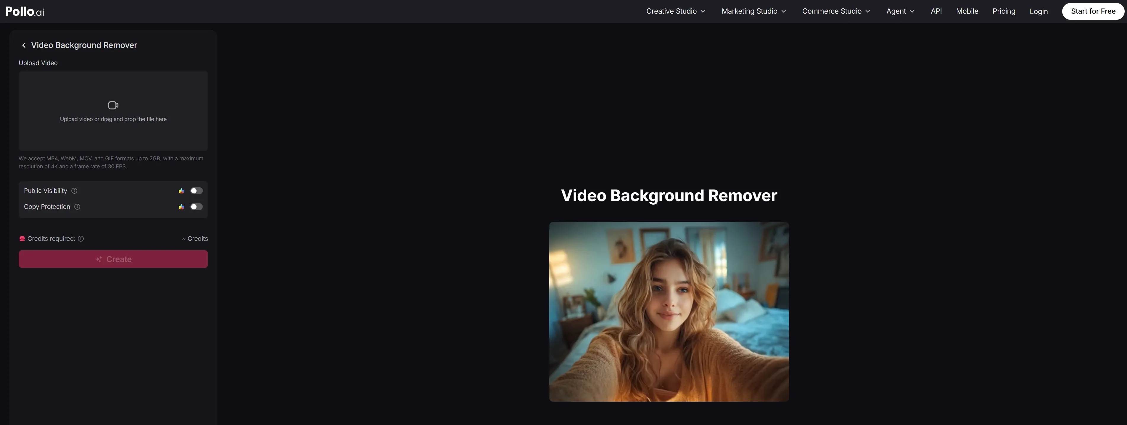 User interface for a video background remover tool with upload options.