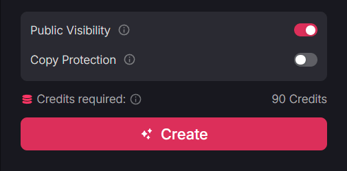 Video creation interface showing public visibility, copy protection settings, required credits, and create button