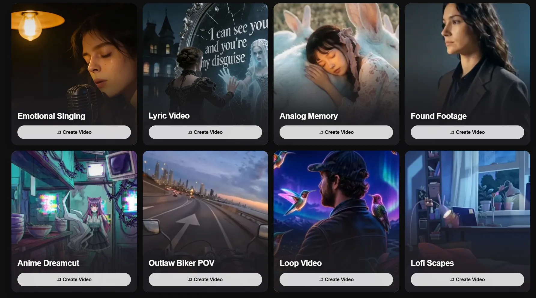 Various video creation options including emotional singing and lyric video.