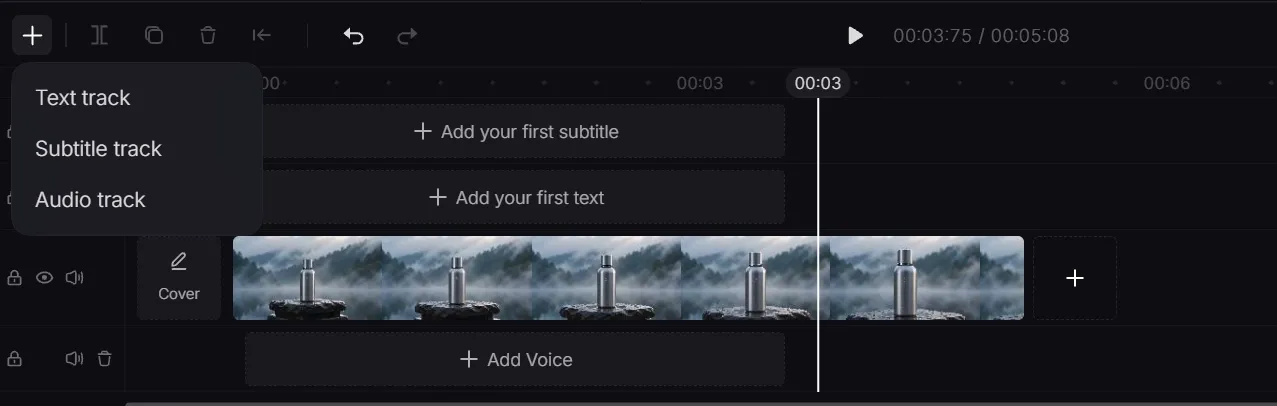 Una timeline per il montaggio video con opzioni per testo, sottotitoli e tracce audio.