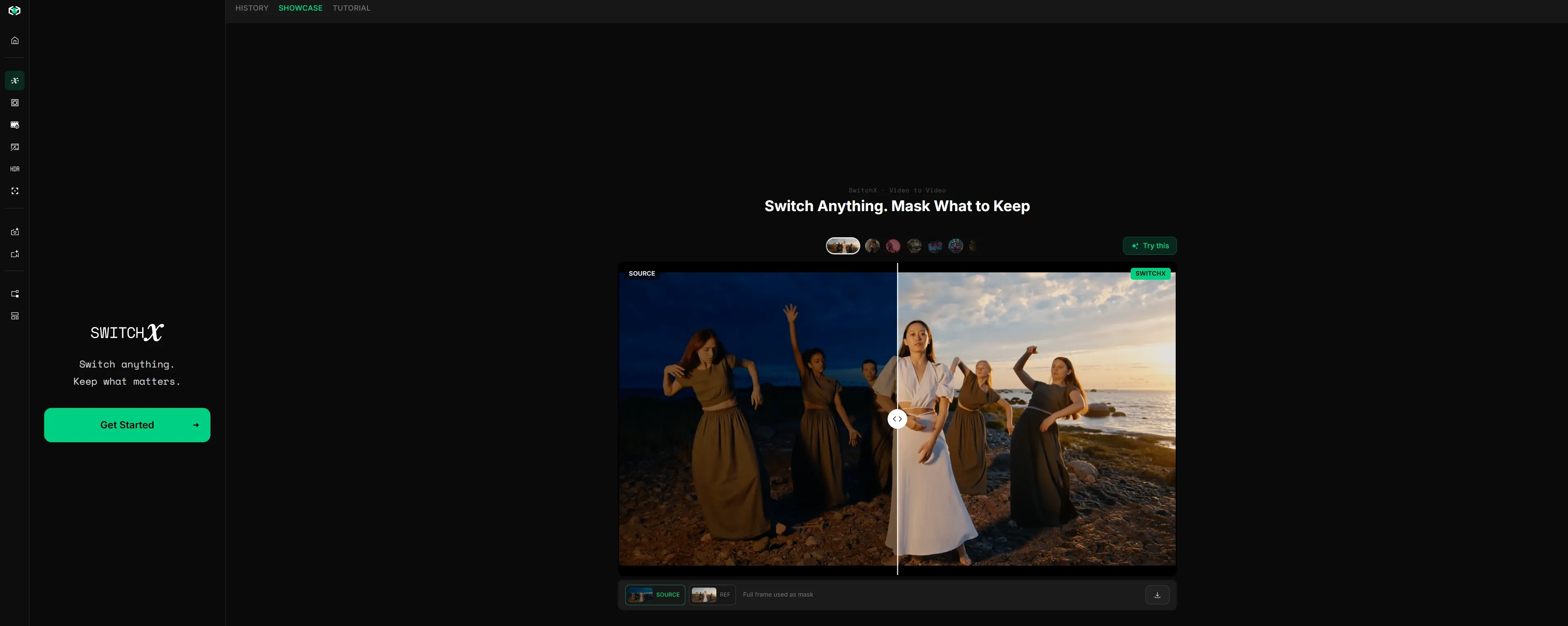 A video editing tool interface showcasing a split-screen with women in dresses.
