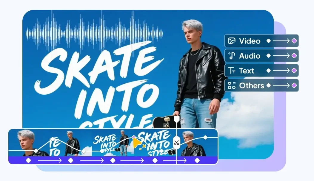 Skateboard youth style video editing timeline and function panel interface