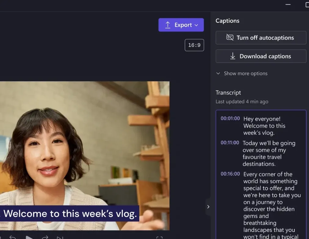 Video editor auto-caption interface with generated video subtitles preview