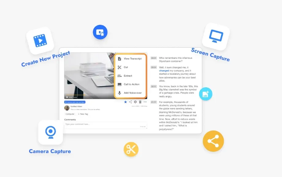 Interface de l'éditeur vidéo montrant les fonctionnalités de capture d'écran, de capture de caméra, de montage et de voix off