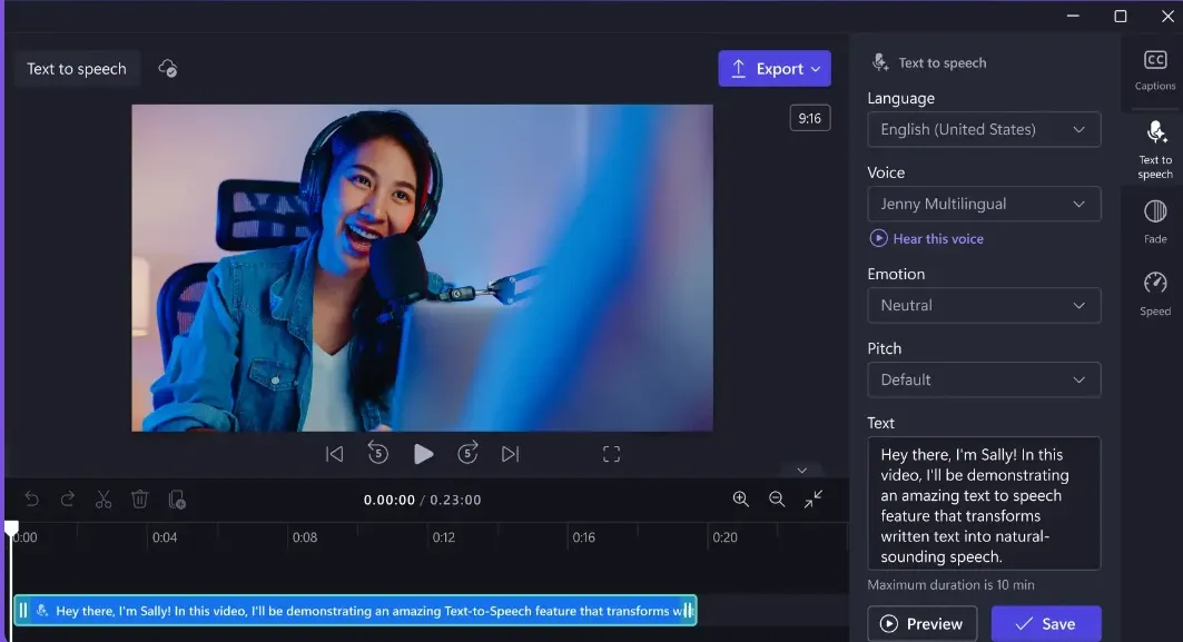 Video editor text-to-speech tool interface with voice, emotion, and text settings