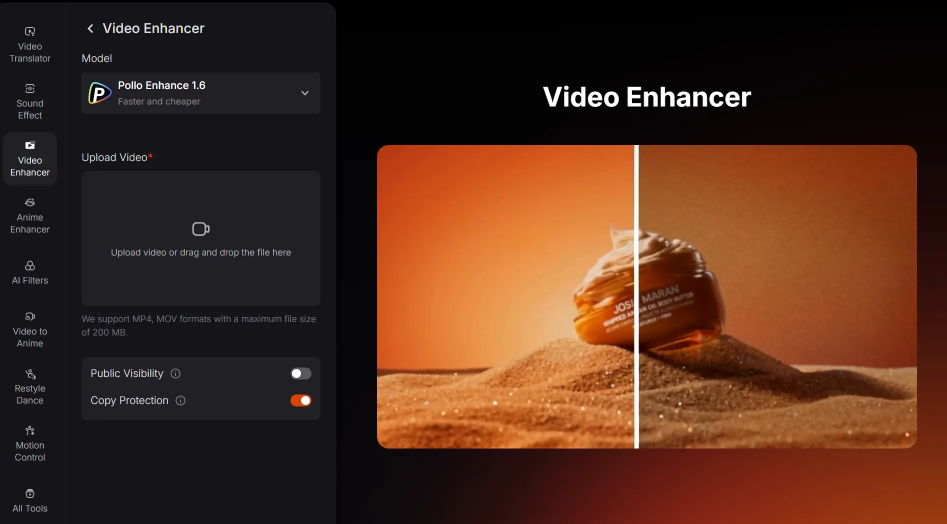 A video enhancer interface displaying a product on a sandy background.
