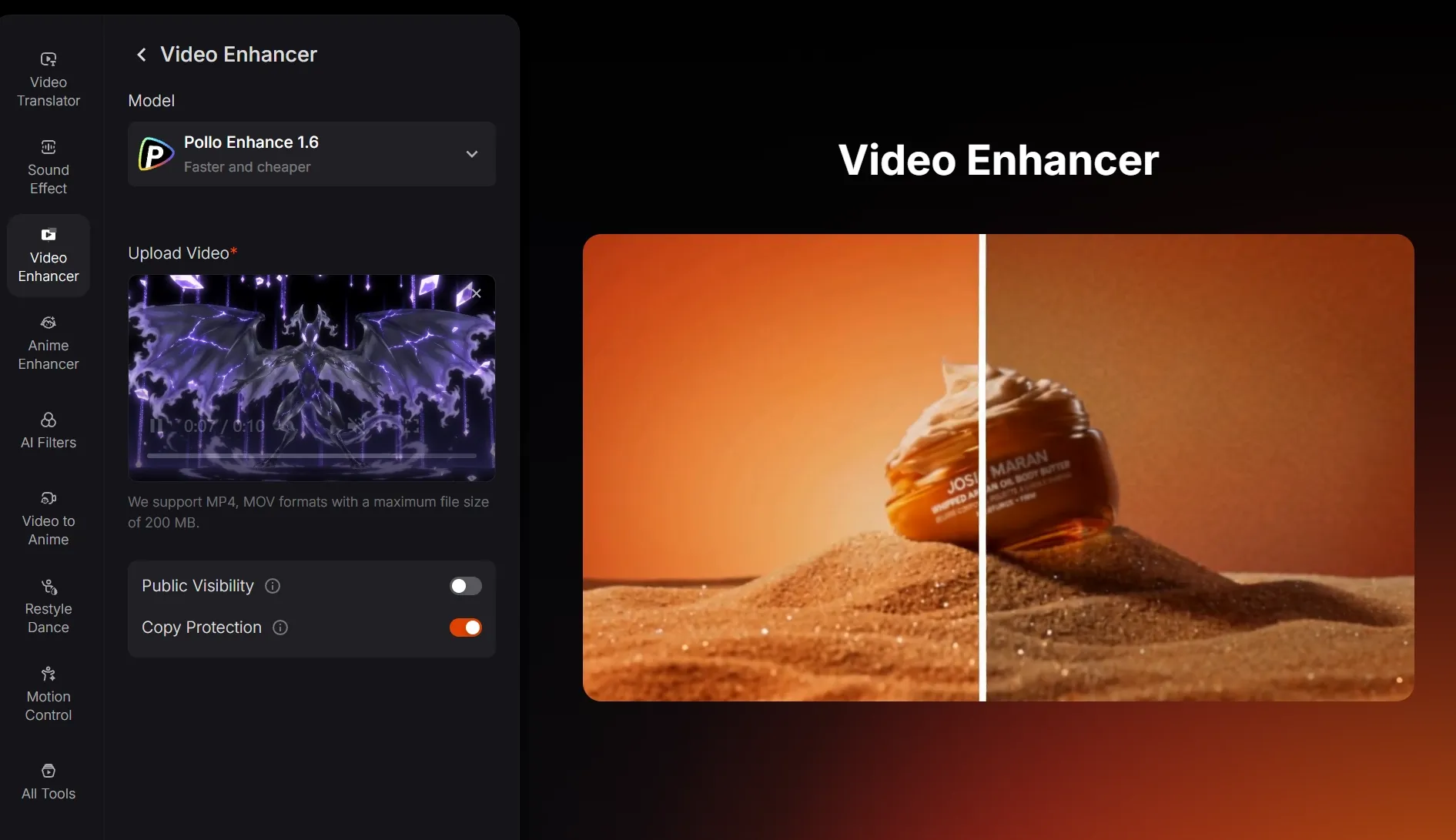 A video enhancer interface showing a product on a sandy background.