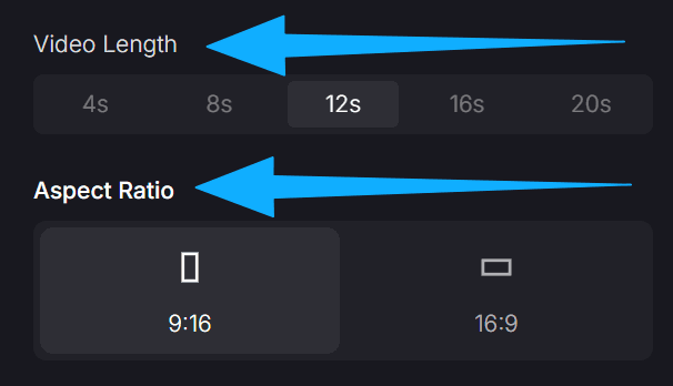 Video creation interface showing options for selecting video length and aspect ratio