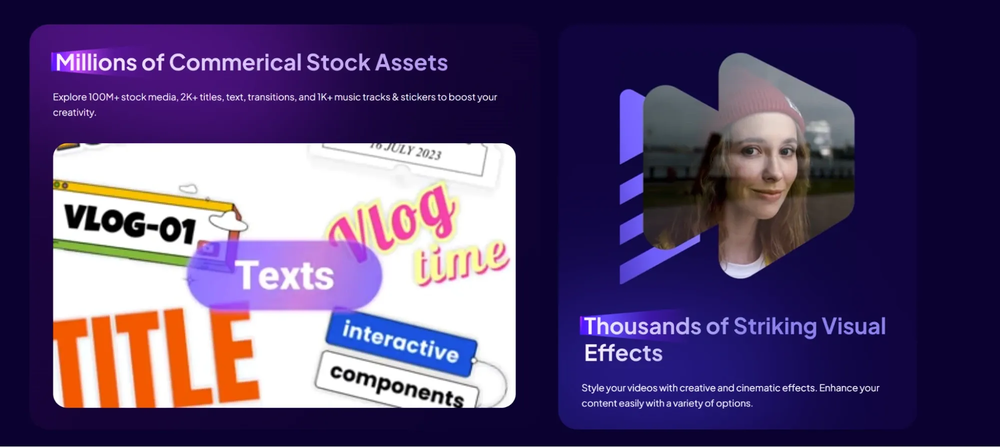 Dark themed page displaying video stock assets and visual special effects